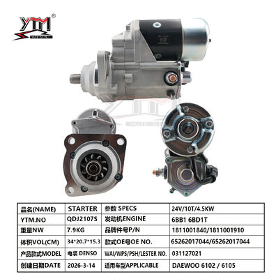Motor de partida 24V 10T 4.5KW DAEWOO 6105 6105 Motor Diesel Acessórios 1811001840/1811001910 65262017044 65262017044 para DENSO
