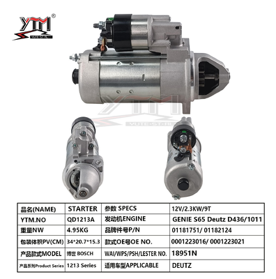 YTM QD1213A 12V 2.3KW 9T Motor de arranque para Deutz D436 1011 Motor Genie S65 0001223016 0001223021 Deutz 01181751 01182124 Motor de arranque de substituição