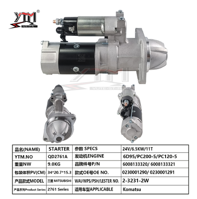 Motor de partida 24V 11T 6.5KW QD2761A para Komatsu PC200-5 PC120-5 Motor 6D95 OE 0230001290 6008133320 2-3231-2W