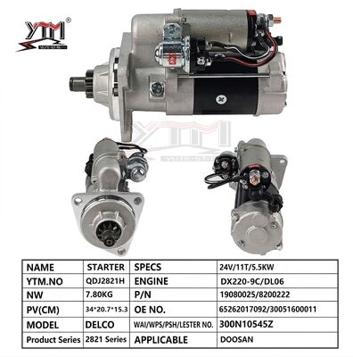 Motor de arranque de escavadeira 24V 5.5KW 11T Fit Doosan DX220‐9C DL06 Motor Delco Tipo OE 19080025 8200222 Motor de arranque pesado