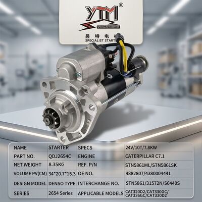 Motor de Partida para Máquinas Pesadas QDJ2654C 24V 7.8KW 10T 4882807 4380004441 STN5861ML STN5861SK 31572N para Escavadeira C7.1
