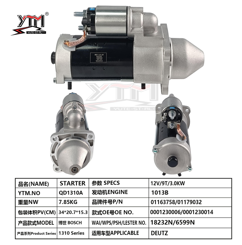 Motor de partida 12V 3.0KW 9T 0001230006 0001230014 Lester 18232N 6599N para motor Deutz 1013B