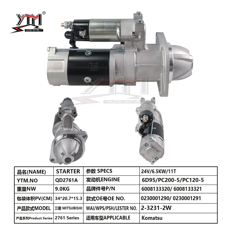 Motor de partida 24V 11T 6.5KW QD2761A para Komatsu PC200-5 PC120-5 Motor 6D95 OE 0230001290 6008133320 2-3231-2W