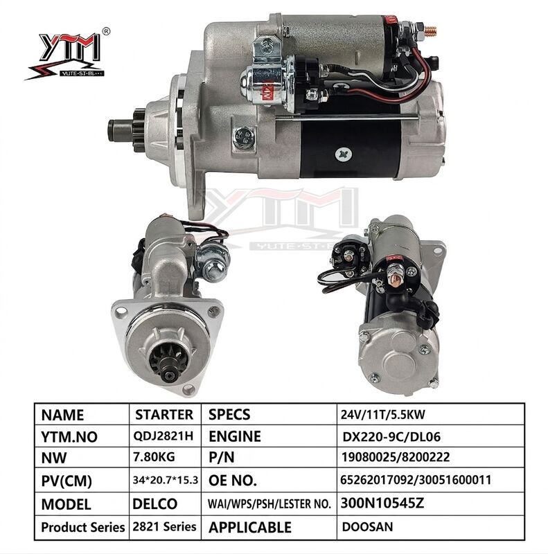 Motor de arranque de escavadeira 24V 5.5KW 11T Fit Doosan DX220‐9C DL06 Motor Delco Tipo OE 19080025 8200222 Motor de arranque pesado